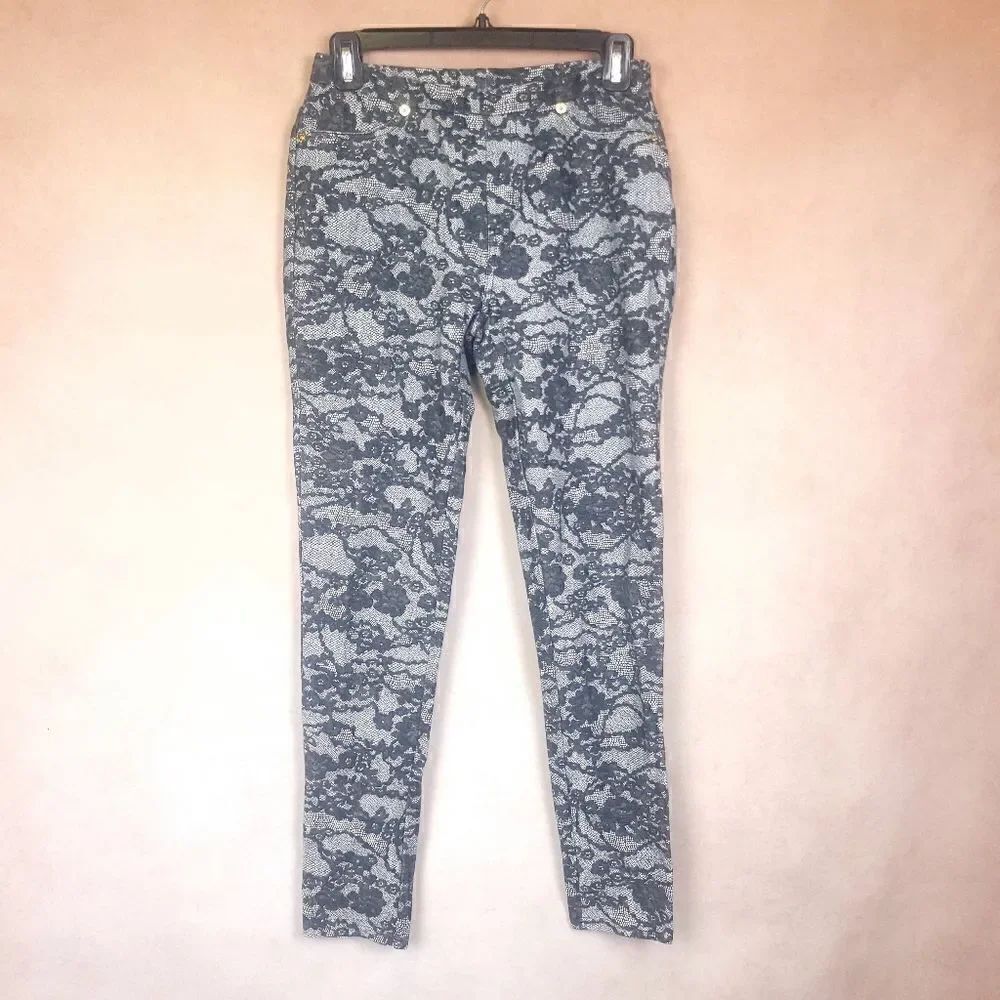 Michael Kors Black Gray Lace Print Pull On Ankle Pants Leggings